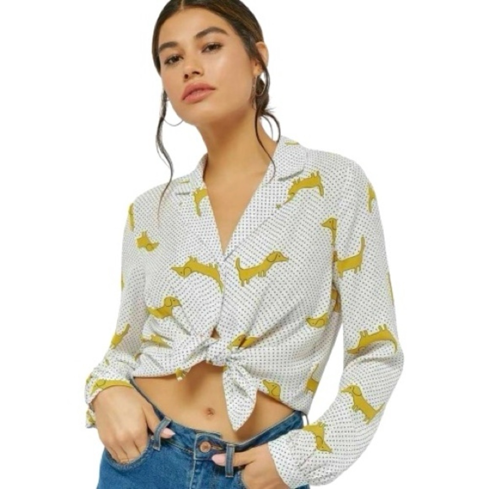 Forever 21 Blouse Polka Dot Womens Dachshund Dog Long Sleeve Lightweight Top [M]